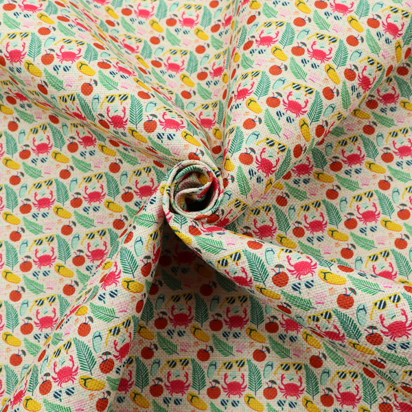 Vibrant summer vacation pattern featuring pink crabs, tropical palm fronds, yellow flip-flops, sunglasses, and coconuts on a light background.