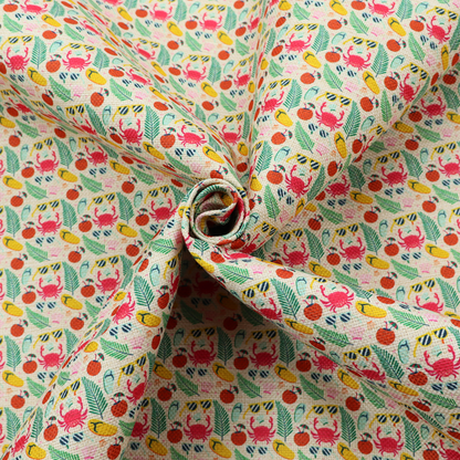 Vibrant summer vacation pattern featuring pink crabs, tropical palm fronds, yellow flip-flops, sunglasses, and coconuts on a light background.