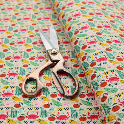 Vibrant summer vacation pattern featuring pink crabs, tropical palm fronds, yellow flip-flops, sunglasses, and coconuts on a light background.