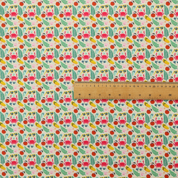 Vibrant summer vacation pattern featuring pink crabs, tropical palm fronds, yellow flip-flops, sunglasses, and coconuts on a light background.