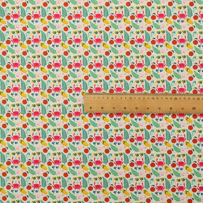 Vibrant summer vacation pattern featuring pink crabs, tropical palm fronds, yellow flip-flops, sunglasses, and coconuts on a light background.
