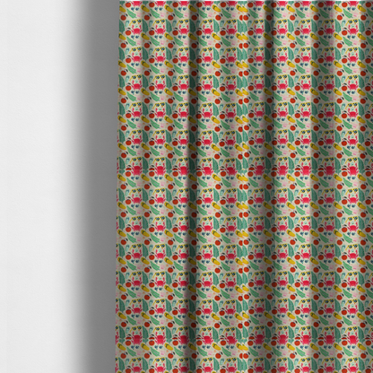 The fabric used to create these made-to-measure curtains is a vibrant summer vacation pattern featuring pink crabs, tropical palm fronds, yellow flip-flops, sunglasses, and coconuts on a light background.