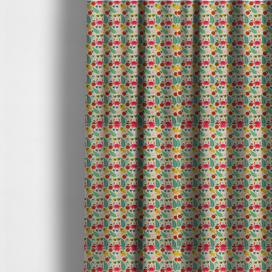 The fabric used to create these made-to-measure curtains is a vibrant summer vacation pattern featuring pink crabs, tropical palm fronds, yellow flip-flops, sunglasses, and coconuts on a light background.