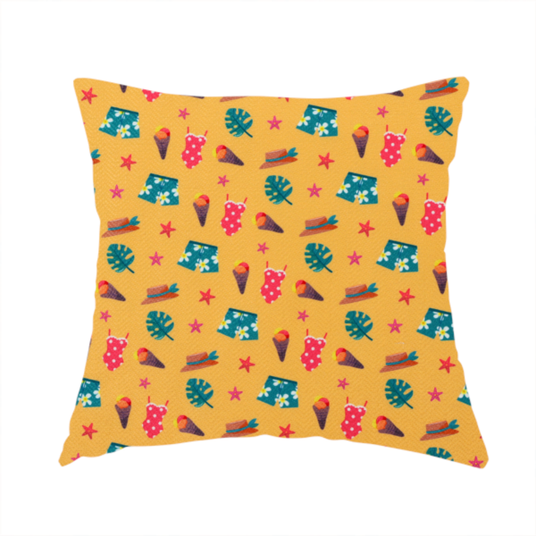The fabric used to create this handmade cushion is a seamless repeating summer-themed pattern featuring various icons like swimsuits, ice cream cones, tropical leaves, straw hats, and starfish scattered over a yellow background.