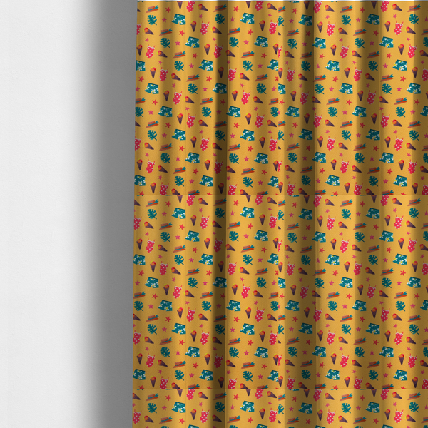 The fabric used to create these made-to-measure curtains is a seamless repeating summer-themed pattern featuring various icons like swimsuits, ice cream cones, tropical leaves, straw hats, and starfish scattered over a yellow background.