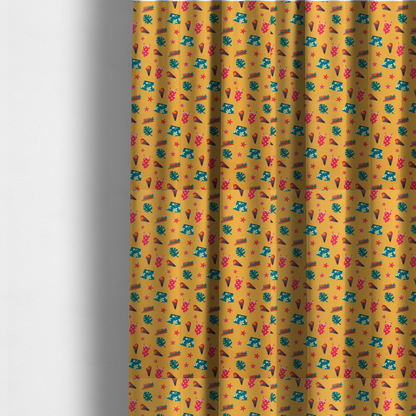 The fabric used to create these made-to-measure curtains is a seamless repeating summer-themed pattern featuring various icons like swimsuits, ice cream cones, tropical leaves, straw hats, and starfish scattered over a yellow background.