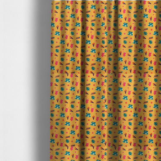 The fabric used to create these made-to-measure curtains is a seamless repeating summer-themed pattern featuring various icons like swimsuits, ice cream cones, tropical leaves, straw hats, and starfish scattered over a yellow background.