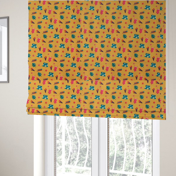 The fabric used to create these Roman blinds is a seamless repeating summer-themed pattern featuring various icons like swimsuits, ice cream cones, tropical leaves, straw hats, and starfish scattered over a yellow background.