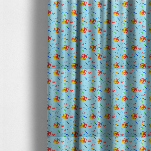 The fabric used to create these made-to-measure curtains is a seamless repeating school-themed pattern featuring backpacks, beakers, glasses, pens, and musical notes scattered over a light blue background.