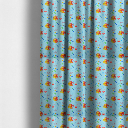The fabric used to create these made-to-measure curtains is a seamless repeating school-themed pattern featuring backpacks, beakers, glasses, pens, and musical notes scattered over a light blue background.