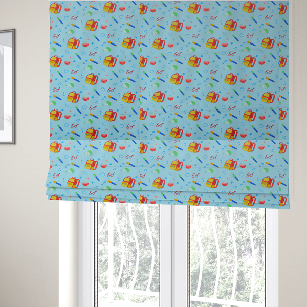 The fabric used to create these Roman blinds is a seamless repeating school-themed pattern featuring backpacks, beakers, glasses, pens, and musical notes scattered over a light blue background.