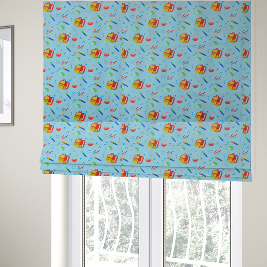 The fabric used to create these Roman blinds is a seamless repeating school-themed pattern featuring backpacks, beakers, glasses, pens, and musical notes scattered over a light blue background.