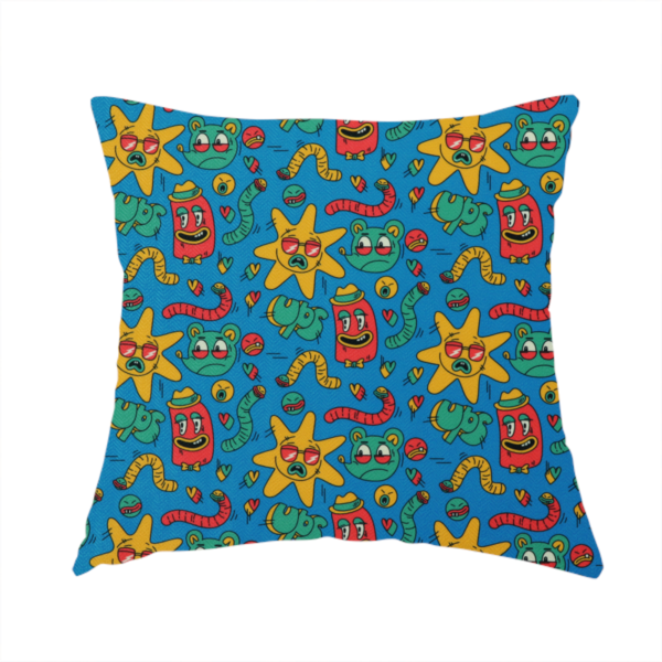 The fabric used to create this handmade cushion is a whimsical, cartoon-style repeating pattern featuring a playful assortment of illustrated characters—including yellow star-shaped suns with sunglasses, red cylindrical figures with hats, green mice, and wiggly worms—scattered across a bright blue background.
