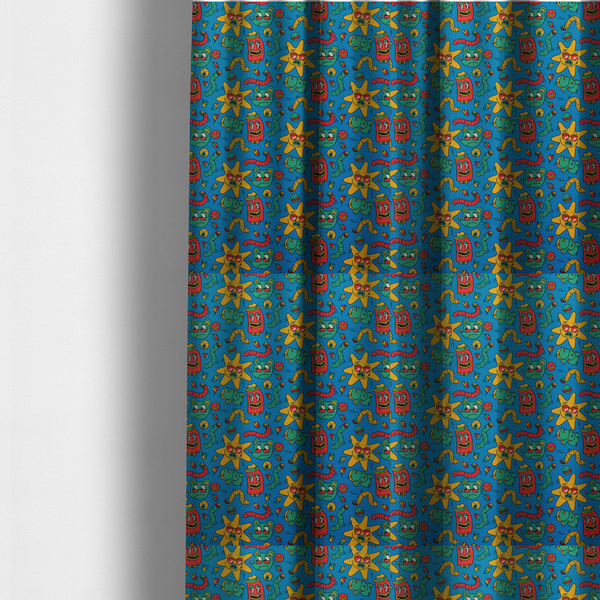 The fabric used to create these made-to-measure curtains is a whimsical, cartoon-style repeating pattern featuring a playful assortment of illustrated characters—including yellow star-shaped suns with sunglasses, red cylindrical figures with hats, green mice, and wiggly worms—scattered across a bright blue background.