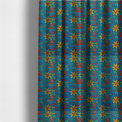 The fabric used to create these made-to-measure curtains is a whimsical, cartoon-style repeating pattern featuring a playful assortment of illustrated characters—including yellow star-shaped suns with sunglasses, red cylindrical figures with hats, green mice, and wiggly worms—scattered across a bright blue background.