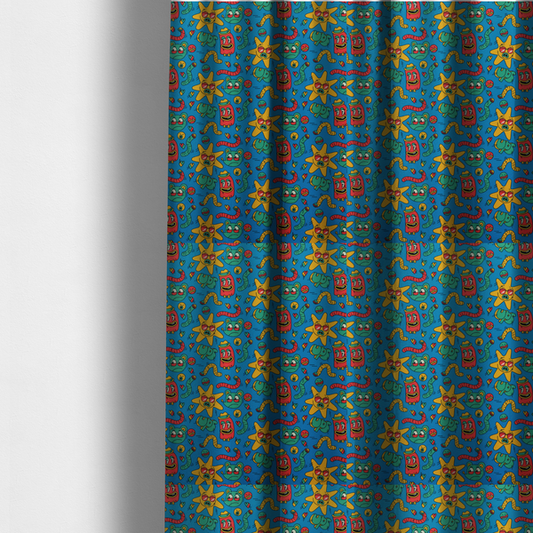 The fabric used to create these made-to-measure curtains is a whimsical, cartoon-style repeating pattern featuring a playful assortment of illustrated characters—including yellow star-shaped suns with sunglasses, red cylindrical figures with hats, green mice, and wiggly worms—scattered across a bright blue background.
