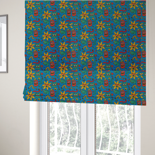 The fabric used to create these Roman blinds is a whimsical, cartoon-style repeating pattern featuring a playful assortment of illustrated characters—including yellow star-shaped suns with sunglasses, red cylindrical figures with hats, green mice, and wiggly worms—scattered across a bright blue background.