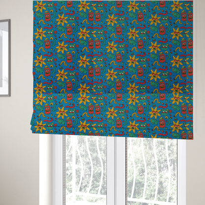 The fabric used to create these Roman blinds is a whimsical, cartoon-style repeating pattern featuring a playful assortment of illustrated characters—including yellow star-shaped suns with sunglasses, red cylindrical figures with hats, green mice, and wiggly worms—scattered across a bright blue background.