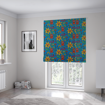 The fabric used to create these Roman blinds is a whimsical, cartoon-style repeating pattern featuring a playful assortment of illustrated characters—including yellow star-shaped suns with sunglasses, red cylindrical figures with hats, green mice, and wiggly worms—scattered across a bright blue background.