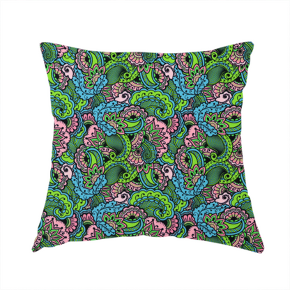 The fabric used to create this handmade cushion is a seamless repeating pattern featuring intricate paisley and mandala-style motifs filled with detailed line work and flourishes in a vibrant palette of neon green, bright blue, and pink.