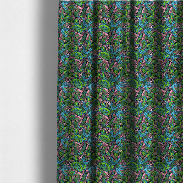 The fabric used to create these made-to-measure curtains is a seamless repeating pattern featuring intricate paisley and mandala-style motifs filled with detailed line work and flourishes in a vibrant palette of neon green, bright blue, and pink.