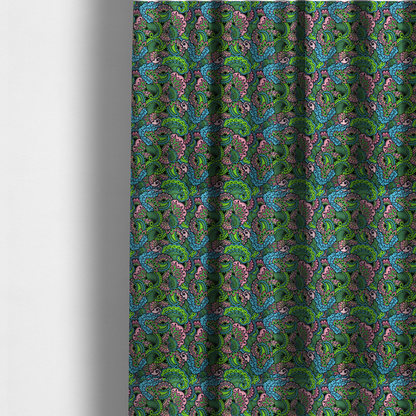 The fabric used to create these made-to-measure curtains is a seamless repeating pattern featuring intricate paisley and mandala-style motifs filled with detailed line work and flourishes in a vibrant palette of neon green, bright blue, and pink.