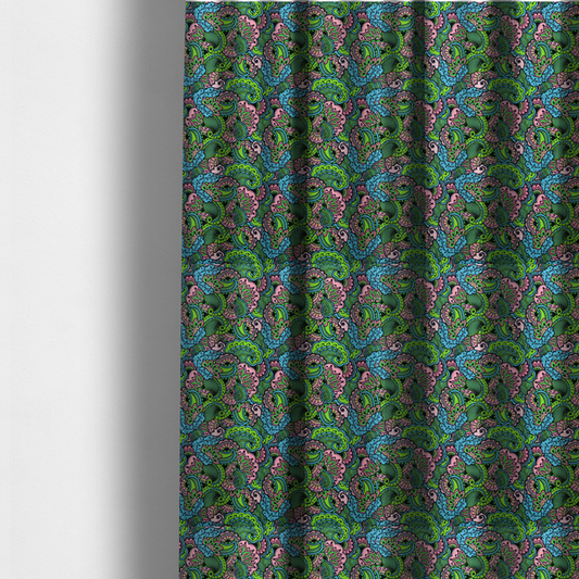The fabric used to create these made-to-measure curtains is a seamless repeating pattern featuring intricate paisley and mandala-style motifs filled with detailed line work and flourishes in a vibrant palette of neon green, bright blue, and pink.