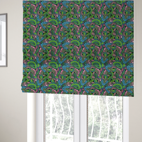 The fabric used to create these Roman blinds is a seamless repeating pattern featuring intricate paisley and mandala-style motifs filled with detailed line work and flourishes in a vibrant palette of neon green, bright blue, and pink.