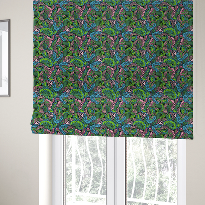 The fabric used to create these Roman blinds is a seamless repeating pattern featuring intricate paisley and mandala-style motifs filled with detailed line work and flourishes in a vibrant palette of neon green, bright blue, and pink.