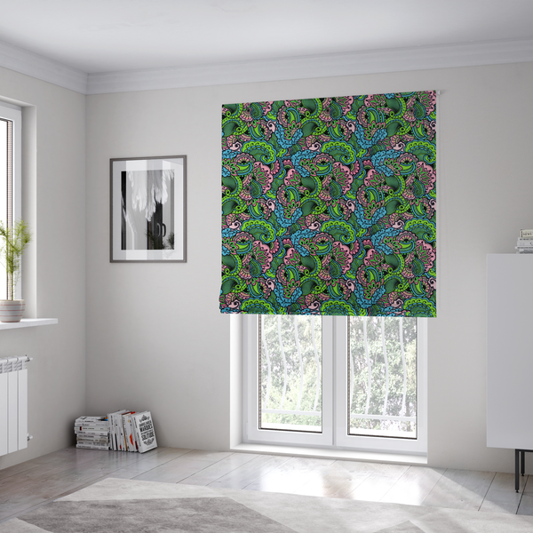 The fabric used to create these Roman blinds is a seamless repeating pattern featuring intricate paisley and mandala-style motifs filled with detailed line work and flourishes in a vibrant palette of neon green, bright blue, and pink.