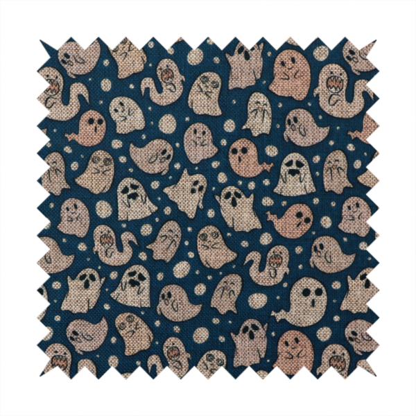 A dark blue fabric patterned with an all-over, repeating design of light beige and peach cartoon ghosts with various cute and silly facial expressions, interspersed with small white polka dots.