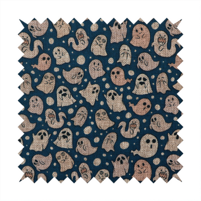 A dark blue fabric patterned with an all-over, repeating design of light beige and peach cartoon ghosts with various cute and silly facial expressions, interspersed with small white polka dots.