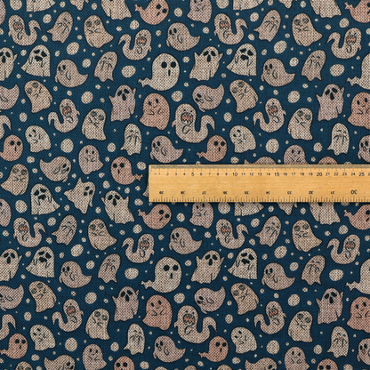 A dark blue fabric patterned with an all-over, repeating design of light beige and peach cartoon ghosts with various cute and silly facial expressions, interspersed with small white polka dots.