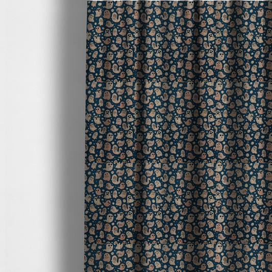 The fabric used to create these made-to-measure curtains is a dark blue fabric patterned with an all-over, repeating design of light beige and peach cartoon ghosts with various cute and silly facial expressions, interspersed with small white polka dots.