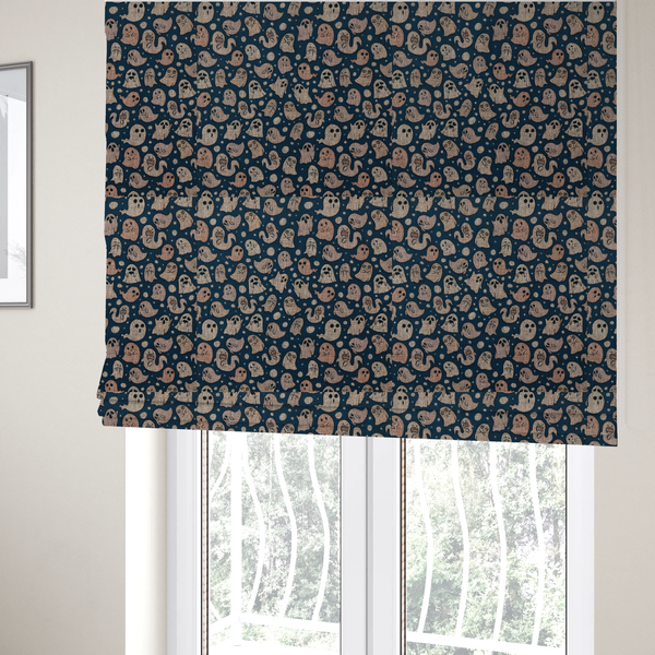 The fabric used to create these Roman blinds is a dark blue fabric patterned with an all-over, repeating design of light beige and peach cartoon ghosts with various cute and silly facial expressions, interspersed with small white polka dots.