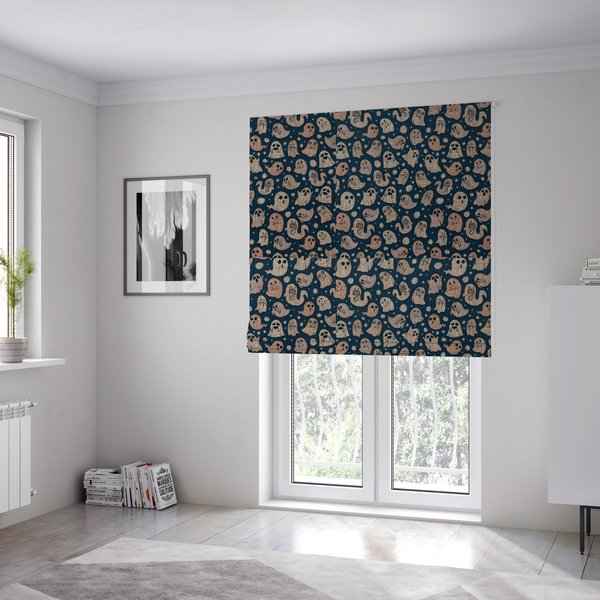 The fabric used to create these Roman blinds is a dark blue fabric patterned with an all-over, repeating design of light beige and peach cartoon ghosts with various cute and silly facial expressions, interspersed with small white polka dots.