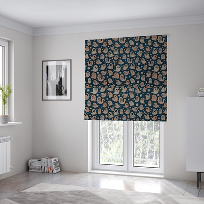 The fabric used to create these Roman blinds is a dark blue fabric patterned with an all-over, repeating design of light beige and peach cartoon ghosts with various cute and silly facial expressions, interspersed with small white polka dots.