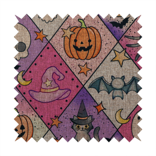 A Halloween-themed harlequin pattern fabric with diamond-shaped sections in purple, pink, and beige, featuring cartoon illustrations of Jack-o'-lanterns, a witch's cat, ghosts, bats, skulls, spiders, stars, and crescent moons.