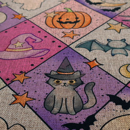 A Halloween-themed harlequin pattern fabric with diamond-shaped sections in purple, pink, and beige, featuring cartoon illustrations of Jack-o'-lanterns, a witch's cat, ghosts, bats, skulls, spiders, stars, and crescent moons.