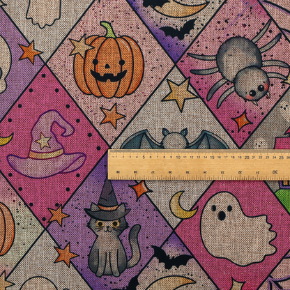 A Halloween-themed harlequin pattern fabric with diamond-shaped sections in purple, pink, and beige, featuring cartoon illustrations of Jack-o'-lanterns, a witch's cat, ghosts, bats, skulls, spiders, stars, and crescent moons.