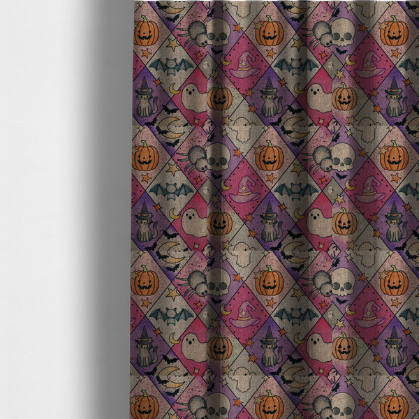 The fabric used to create these made-to-measure curtains is a Halloween-themed harlequin pattern fabric with diamond-shaped sections in purple, pink, and beige, featuring cartoon illustrations of Jack-o'-lanterns, a witch's cat, ghosts, bats, skulls, spiders, stars, and crescent moons.