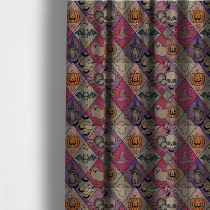 The fabric used to create these made-to-measure curtains is a Halloween-themed harlequin pattern fabric with diamond-shaped sections in purple, pink, and beige, featuring cartoon illustrations of Jack-o'-lanterns, a witch's cat, ghosts, bats, skulls, spiders, stars, and crescent moons.