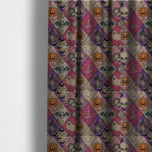 The fabric used to create these made-to-measure curtains is a Halloween-themed harlequin pattern fabric with diamond-shaped sections in purple, pink, and beige, featuring cartoon illustrations of Jack-o'-lanterns, a witch's cat, ghosts, bats, skulls, spiders, stars, and crescent moons.