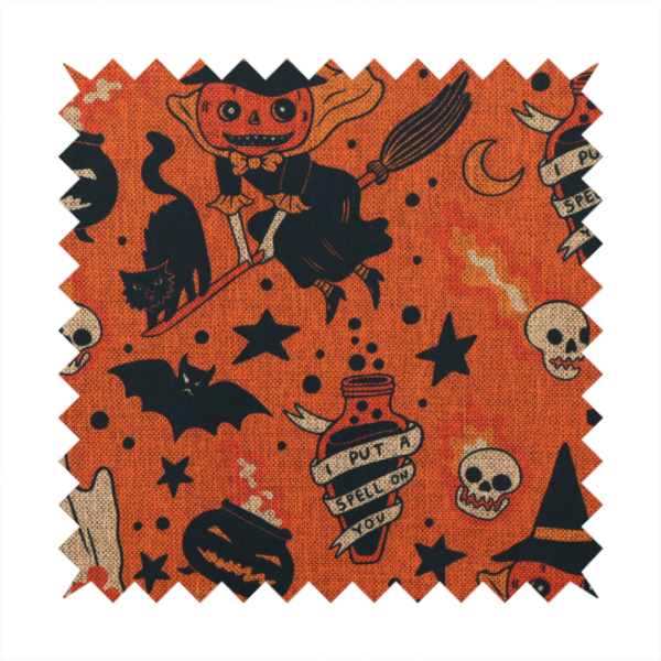An orange Halloween fabric patterned with various black illustrations, including a witch with a pumpkin head flying on a broomstick, a black cat, ghosts, skulls, potion bottles with the text "I put a spell on you," bats, cauldrons, and stars.