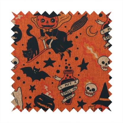 An orange Halloween fabric patterned with various black illustrations, including a witch with a pumpkin head flying on a broomstick, a black cat, ghosts, skulls, potion bottles with the text "I put a spell on you," bats, cauldrons, and stars.