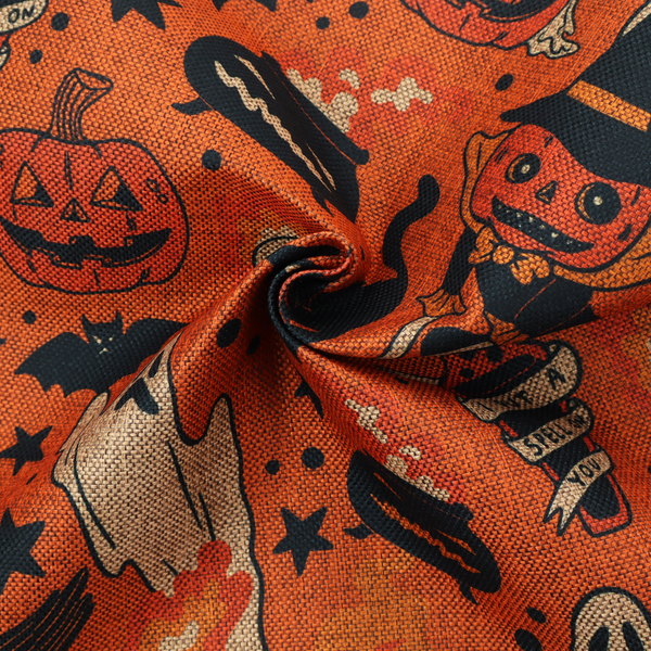 An orange Halloween fabric patterned with various black illustrations, including a witch with a pumpkin head flying on a broomstick, a black cat, ghosts, skulls, potion bottles with the text "I put a spell on you," bats, cauldrons, and stars.