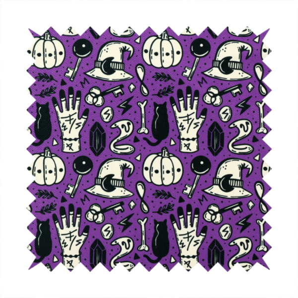 A purple Halloween fabric patterned with repeating black and cream illustrations of pumpkins, witch hats, black cats, mystical marked hands, snakes, keys, bones, and crystals.