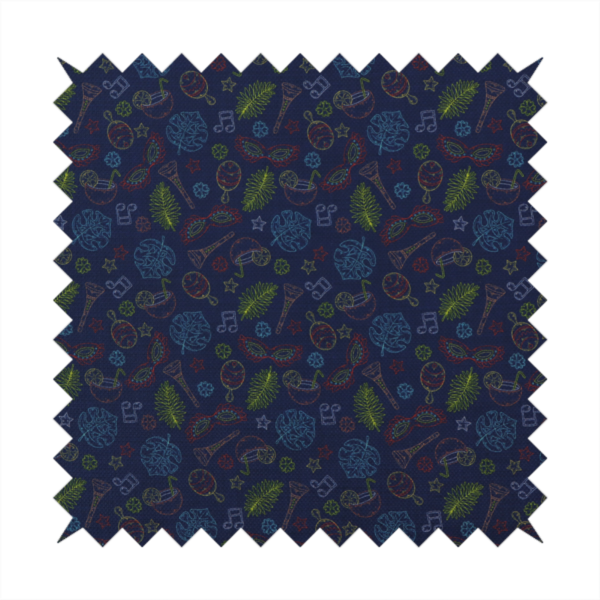 A repeating pattern of festive party and carnival-themed outlined icons including masquerade masks, maracas, cocktails, musical notes, palm fronds, and stars on a dark navy blue background.