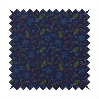 A repeating pattern of festive party and carnival-themed outlined icons including masquerade masks, maracas, cocktails, musical notes, palm fronds, and stars on a dark navy blue background.