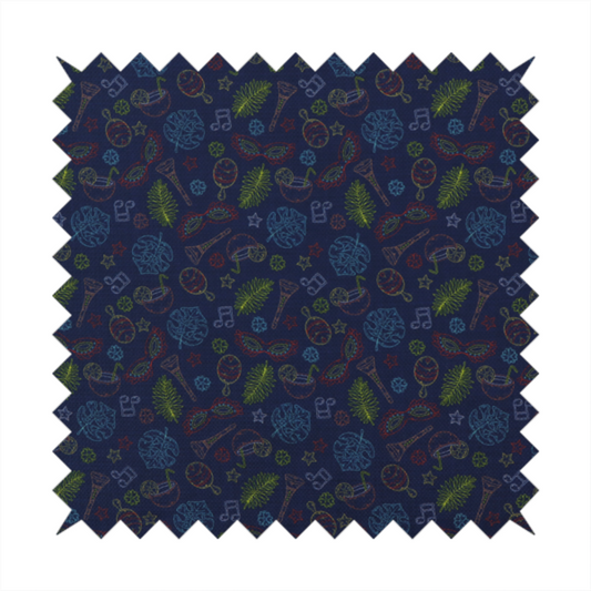 A repeating pattern of festive party and carnival-themed outlined icons including masquerade masks, maracas, cocktails, musical notes, palm fronds, and stars on a dark navy blue background.
